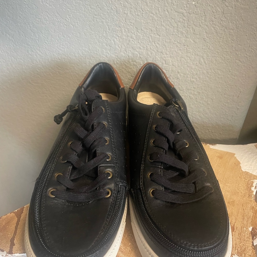Billie adaptive black leather lace sneaker with zippers.  Comfortable,  easy on - Picture 2 of 8